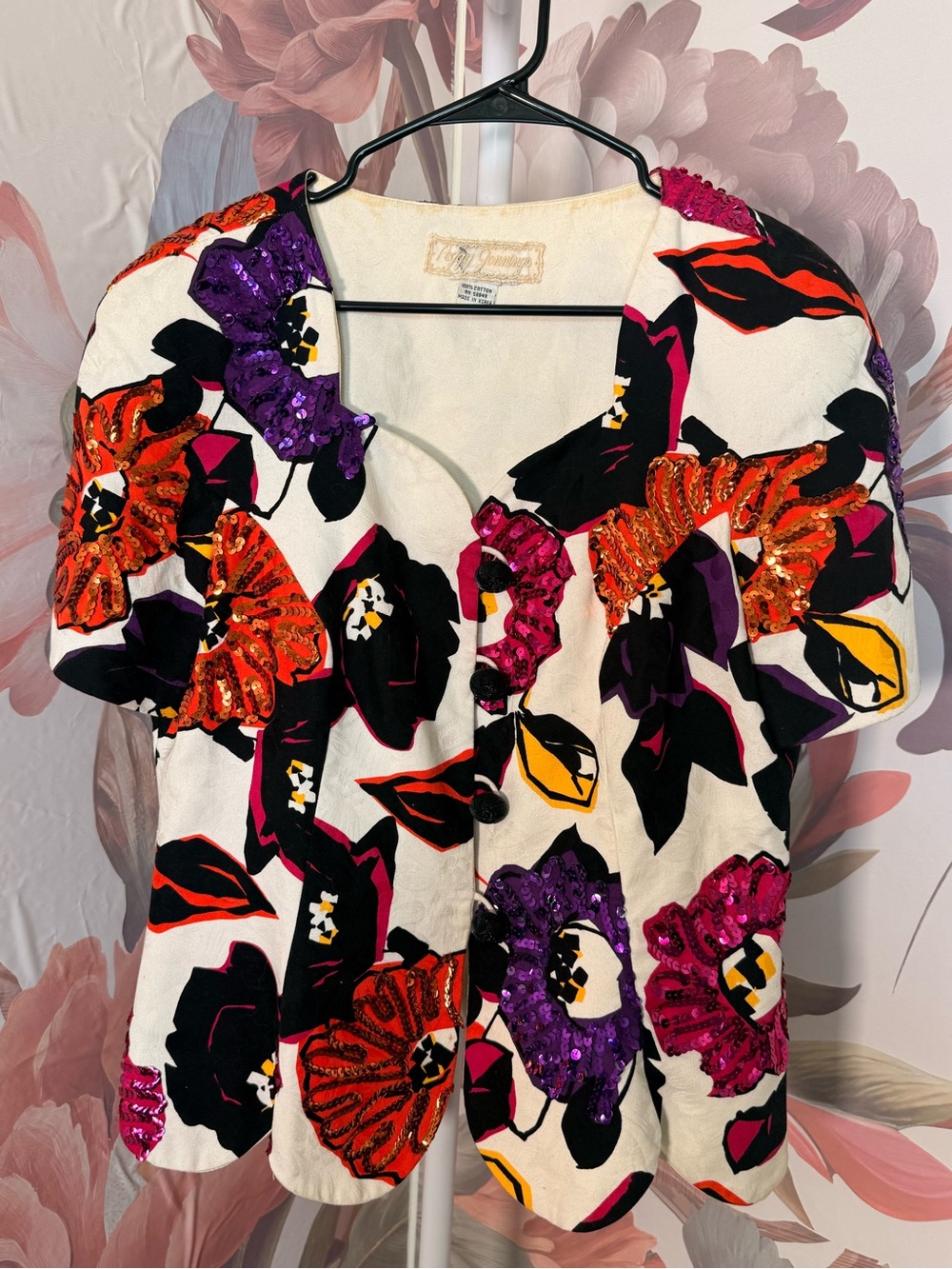 Vintage Peggy Jennings Sequin Floral Puff Sleeve Jacket - Medium